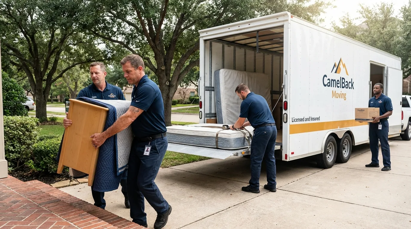 Crew loading residential truck for cross-state move from Channing, TX