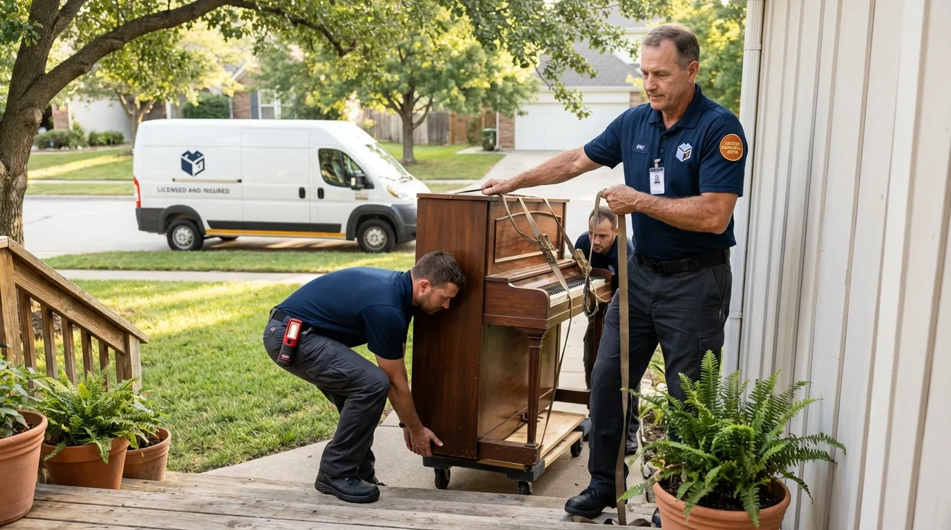 Licensed piano movers securing grand piano in Channing, TX