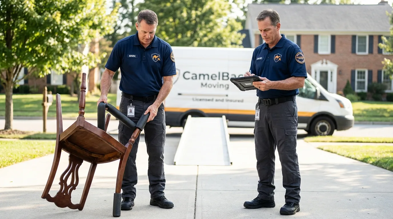 Movers inspecting furniture for damage prevention before loading in Channing, TX