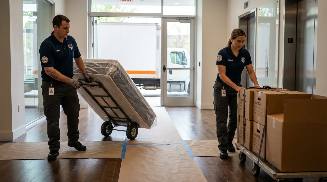 Professional apartment movers loading elevator in Channing, TX
