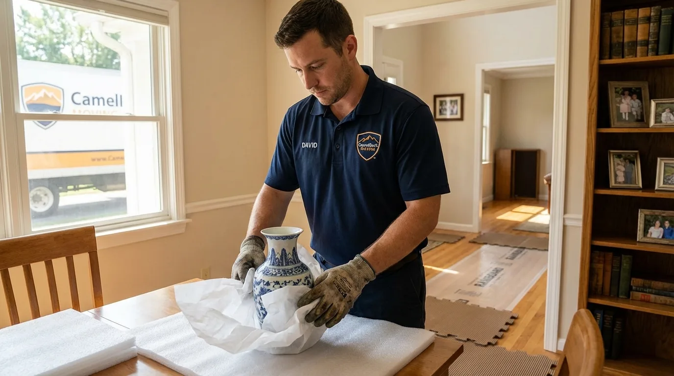 Professional crew carefully wrapping antique vase for senior downsizing move in Channing, TX